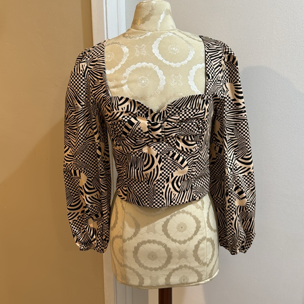 Farm Rio Bold Abstract Sweetheart Puff Long Sleeve Tie Neck Cotton Crop Top S